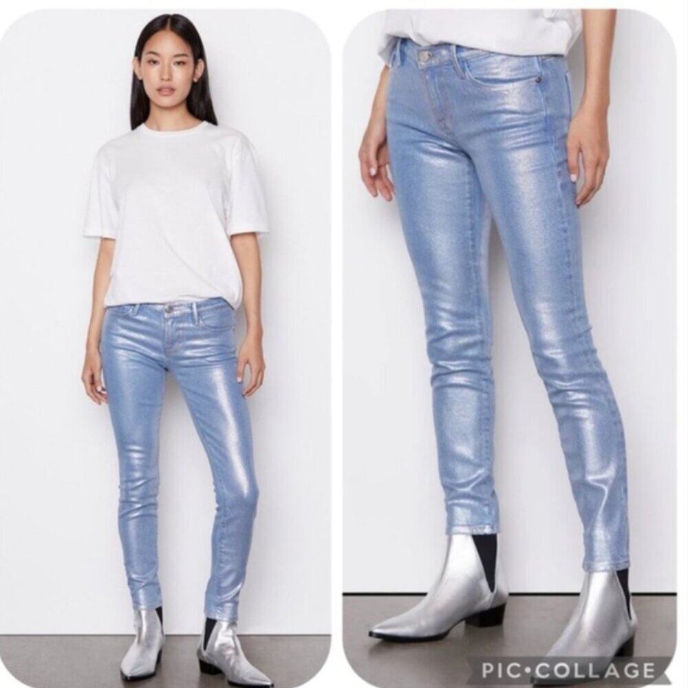 FRAME Le Skinny de Jeanne Silver Metallic Coated Jeans Size 24